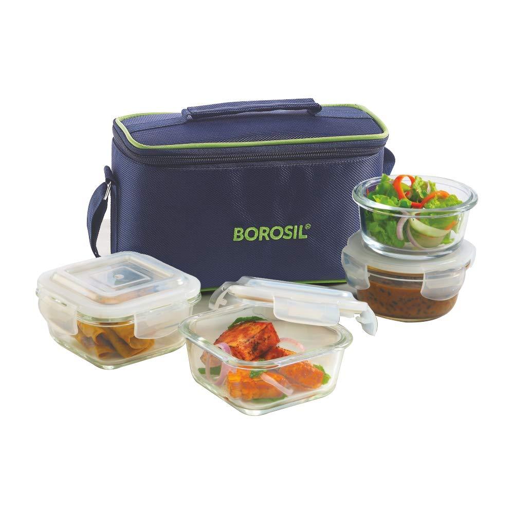 Borosil Glass Universal Lunch Box Set of 4 2pcs 320 ml sq. 2pcs 240 ml Round Microwave Safe Office Tiffin