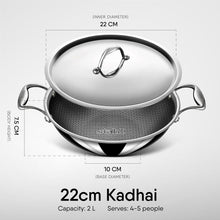 Load image into Gallery viewer, Stahl Artisan Hybrid Triply Non Stick Kadai with Lid, Stainless Steel Kadai for Cooking, Triply Kadhai Metal Spatula Friendly, Induction &amp; Gas Stove Compatible, 2.0 L, 22 cm
