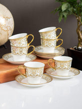 Load image into Gallery viewer, Clay Craft Fine Ceramic Golden Print Cup &amp; Saucer Set of 12 (6 Cups + 6 Saucers) - 180 ml Each (Design 2 - E697)
