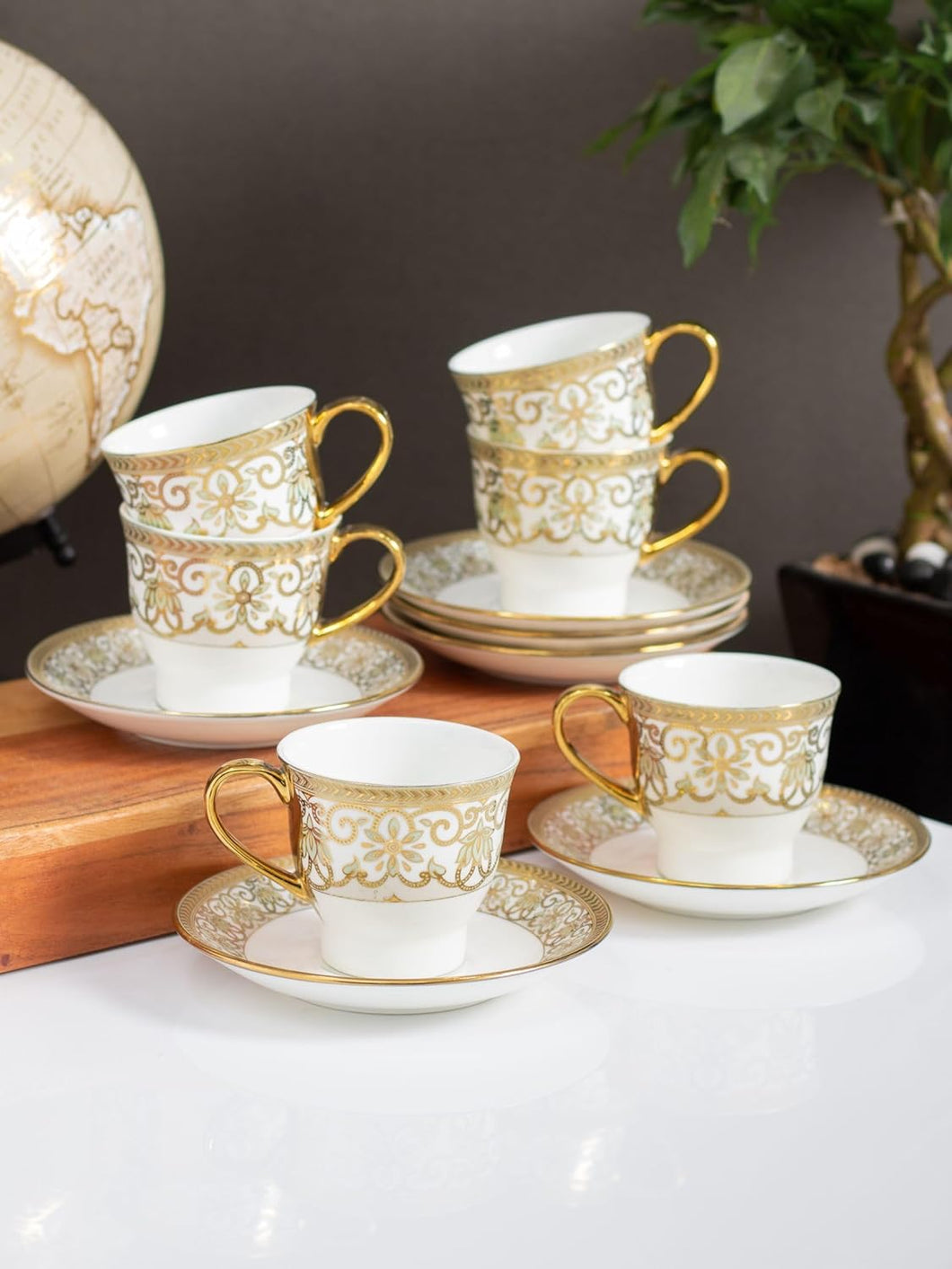 Clay Craft Fine Ceramic Golden Print Cup & Saucer Set of 12 (6 Cups + 6 Saucers) - 180 ml Each (Design 2 - E697)