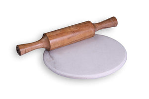 LAKSHITA PURE WHITE MARBLE CHAKLA WITH WOODEN BELAN (ROLLING PINS) - KOCHEN ESSENTIAL