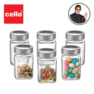 Cello Qube Fresh Glass Storage Jar, Air Tight, See-Through Lid, Clear, Set of 6 (300 ml Each)